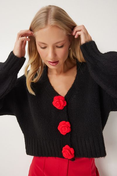 Lovelyİstanbul Μαύρη πλεκτή ζακέτα - Pompom Flower Detailed LPF0079