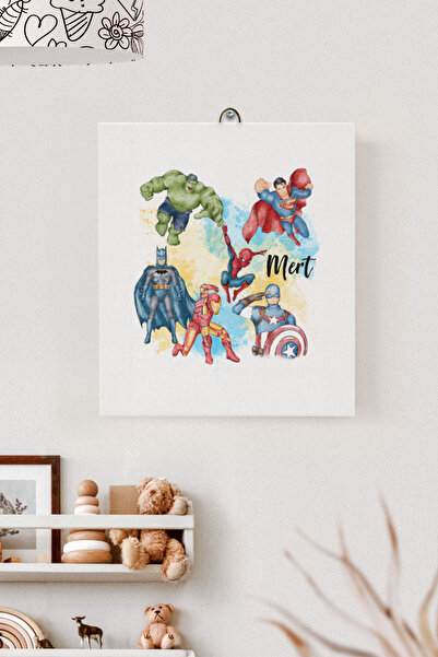 Lilabio İsme Özel Çocuk Odası Kanvas Tablo Süper Kahramanlar (17x21 Cm)