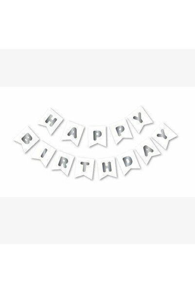 Patladı Gitti Beyaz Zemin Gümüş Happy Birthday Banner