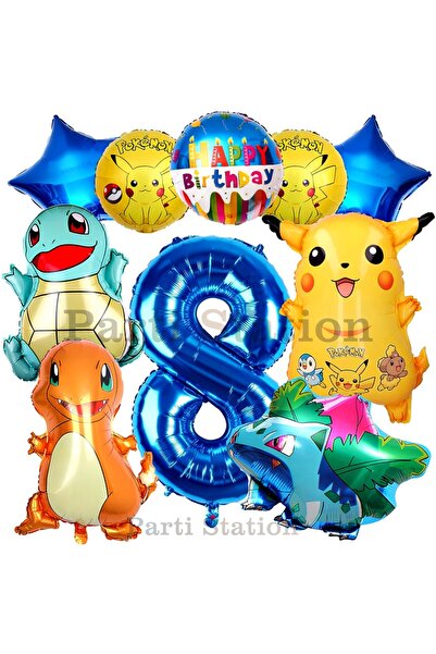 Parti Station Pokemon Konsept 8 Yaş Doğum Günü Balon Set Pokemon Pikachu Bulb...