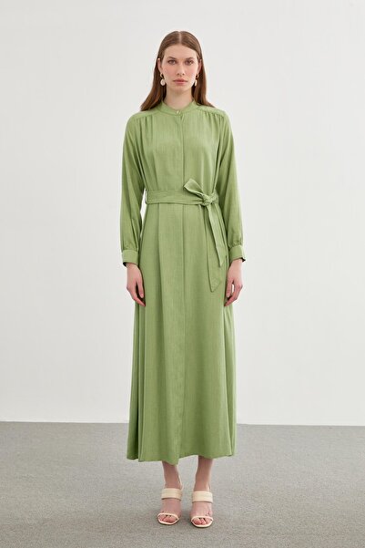 Zühre Richter Collar Belted Green Long Dress E-0400