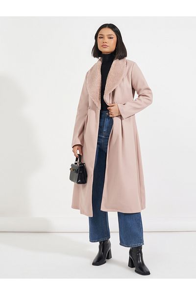 Styli Regular Fit Midi Wool Like Faux Fur Collar Coat