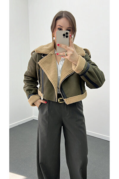 Narferita Ginevra Khaki Biker Fur Coat