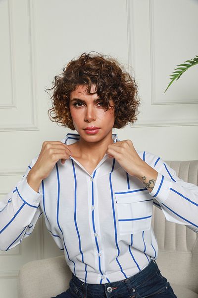Butik Cămașă țesută cu un singur buzunar, albastru, cu dungi Nuevoo