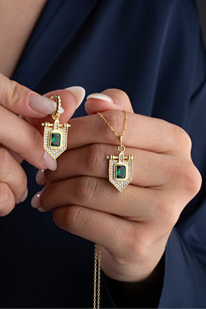 Silvano Jewelry 925 Ayar Gümüş Yeşil Taşlı Trend Takı (Kolye-Küpe) Seti
