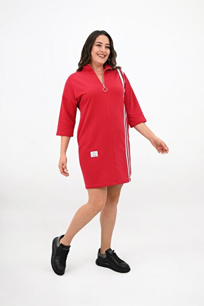Koza Butik Kadın Büyük Beden Yarım Fermuarlı Şerit Detaylı Spor Elbise 5277-25