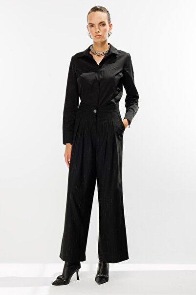 accort Çizgili Pileli Yüksek Bel Palazzo Pantolon - SİYAH