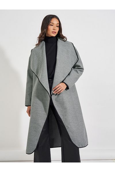Styli Oversized Midi Length Wool Like Coat with Contrast Trim