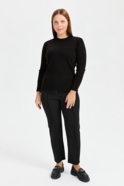 accort Büyük Beden Sıfır Yaka Fitilli Triko Kazak-SİYAH