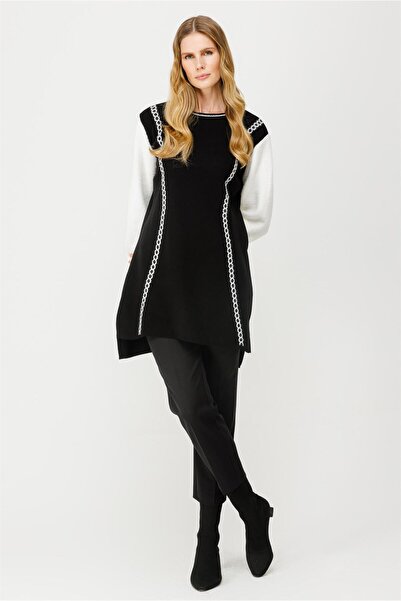 accort İki Renkli Triko Tunik-SİYAH