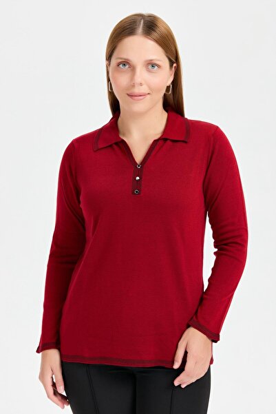 accort Büyük Beden Polo Yaka Triko Kazak-BORDO