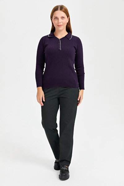 accort Büyük Beden Simli Polo Yaka Triko Kazak-MOR