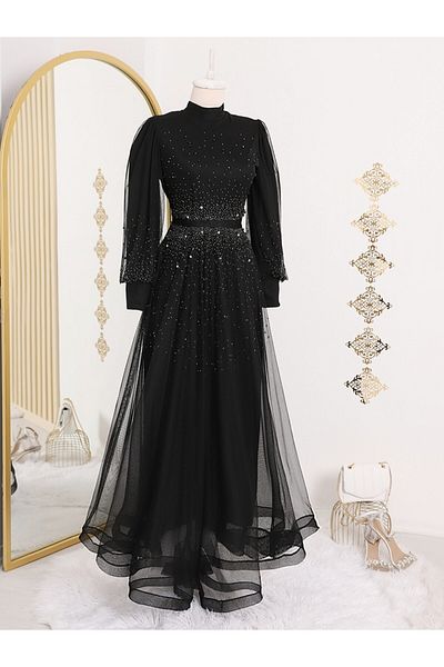Modamorfo Rochie de seara din tul negru - cu detaliu de piatra de design si fusta in relief
