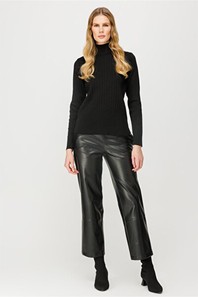 accort Yarım Balıkçı Fitilli Basic Triko Kazak-SİYAH