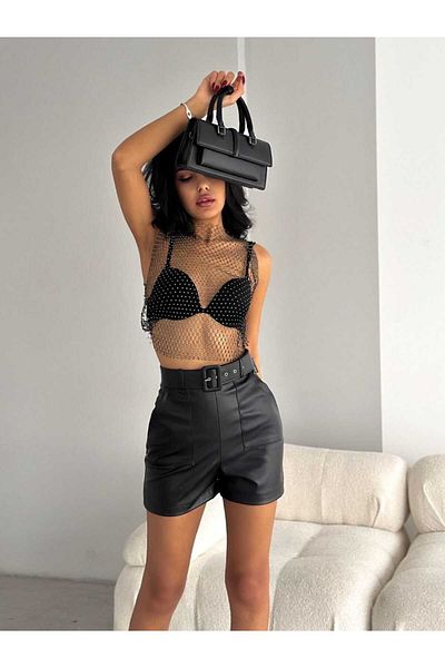 WellWay Pantaloni scurți din piele cu centură înălțată importați negri