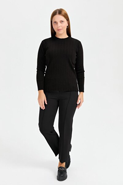 accort Büyük Beden Sıfır Yaka Fitilli Triko Kazak-SİYAH