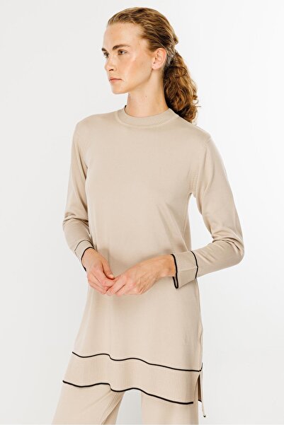 accort Çizgi Kombinli Tunik Pantolon Triko Takım-TAŞ