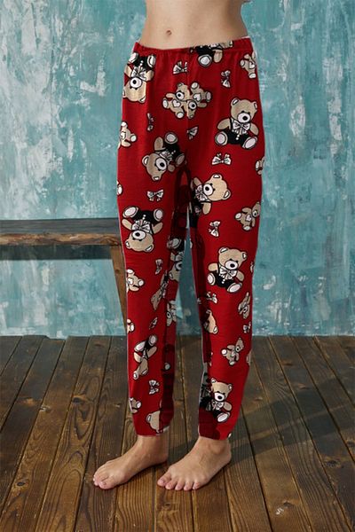 BEYAZTOPTAN Women's Red Suede Single Bottom Pyjamas with Bear