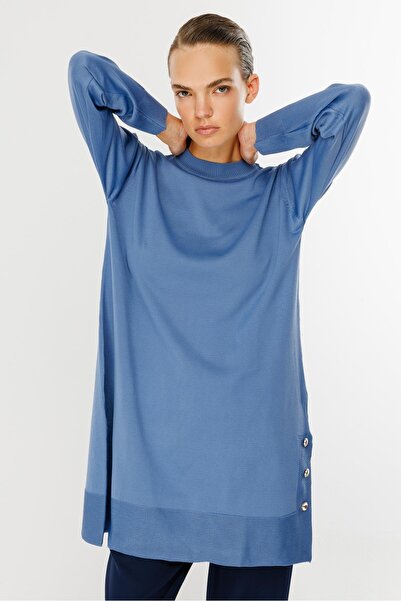 accort Yanları Düğmeli Triko Tunik-İNDİGO
