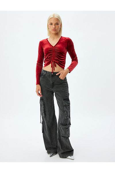 Koton V-Neck Long Sleeve Velvet Crop T-Shirt - Drawstring Slim Fit