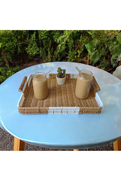 store trend Büyük boy Dikdörtgen Renkli sunum dekor rattan tepsi 40 x 30 cm