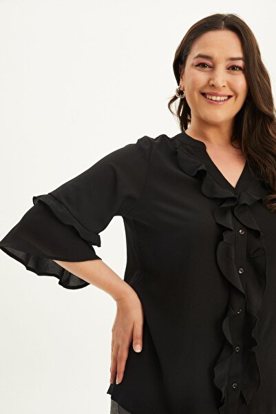 MYLİNE Ruffled Front Blouse with Flared Sleeves