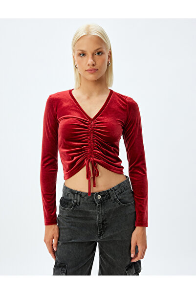 Koton Βελούδινο Crop T-shirt με κορδόνι με λαιμόκοψη V μακρυμάνικο λεπτή εφαρμογή