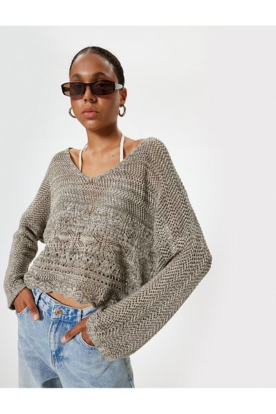 Koton V-Neck Bell Sleeve Acrylic Blended Openwork Sweater
