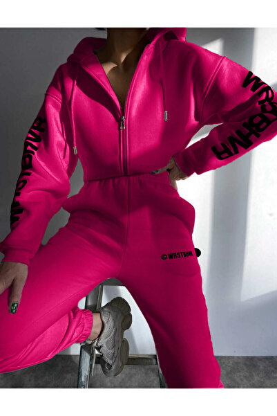 C&C OKULCUNUZ Kadın Wrst Baskılı Fermuarlı Fuşya Eşofman Takımı