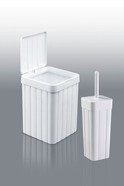 plastyol 2'li Banyo Seti - Bas Aç Kapaklı 10l Çöp Kovası Ve Wc Fırçalık - Beyaz