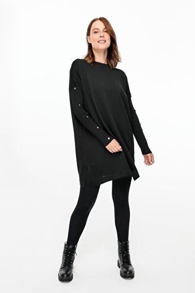 accort Kolları Düğmeli Triko Tunik-SİYAH
