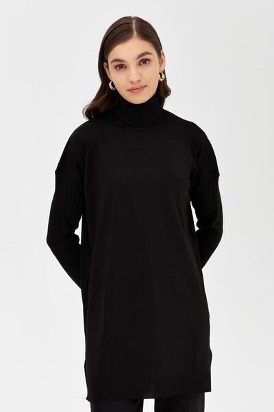 accort Balıkçı Yaka Kolları Fitilli Triko Tunik-SİYAH