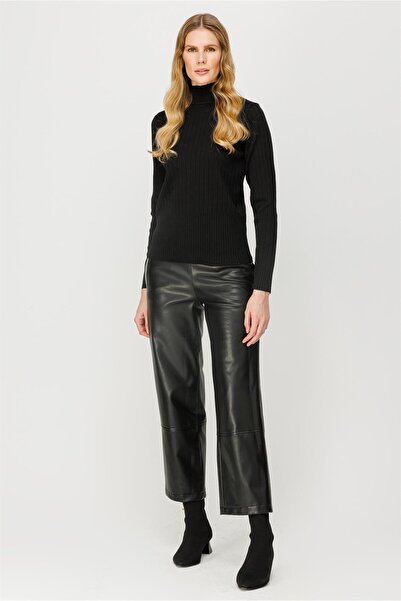 accort Yarım Balıkçı Fitilli Basic Triko Kazak-SİYAH