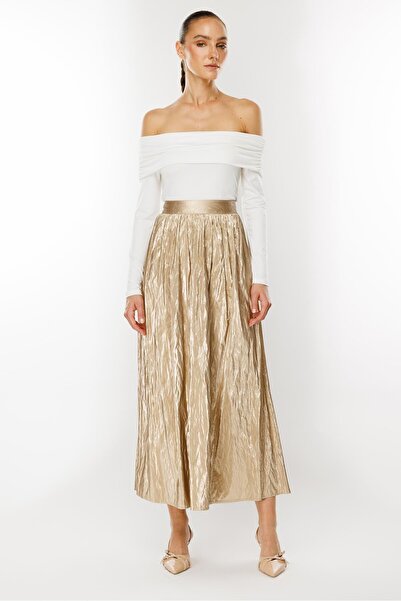 Moda İlgi Modailgi  Büzgülü Yan Cepli Uzun Etek Gold