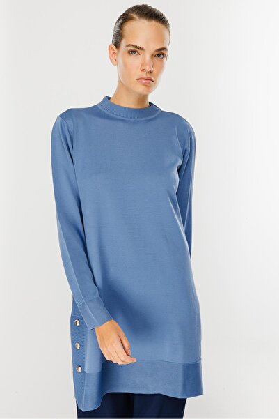 accort Yanları Düğmeli Triko Tunik-İNDİGO