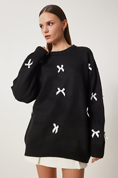 Lovelyİstanbul Pulover negru din tricotaje - Detaliu fundita, LSV0001