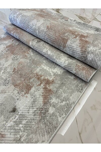 Genel Markalar Kaymaz Tabanlı Yıkanabilir Jel Kesme Halı Yolluk Kabartmalı Krem Pembe Prime Halı Yolluk