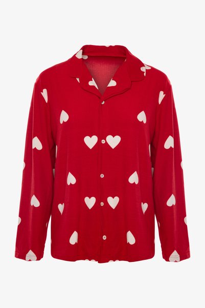 koza iç giyim Women's Soft Touch Red Heart Patterned Shirt Collar Long Sleeve Pajamas Set