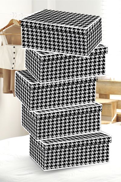 HOMENS 5 Pieces Patterned Houndstooth Covered Velcro Base Size Storage Box - 50X40X19