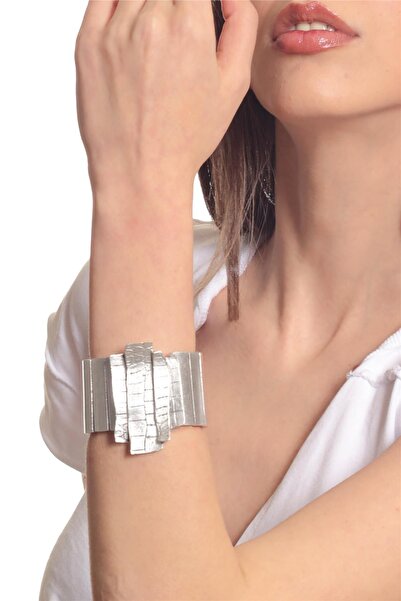 LABALABA Kadın Antik Gümüş Kaplama Lastikli Band Kabartma Dokulu Çubuk Parçalı Geniş Bileklik