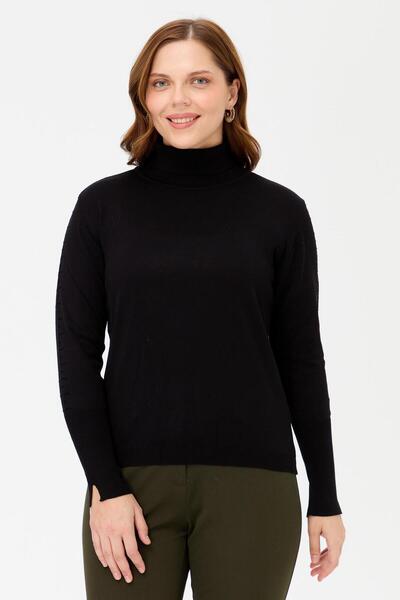 accort Büyük Beden Tam Balıkçı Basic Triko Kazak-SİYAH