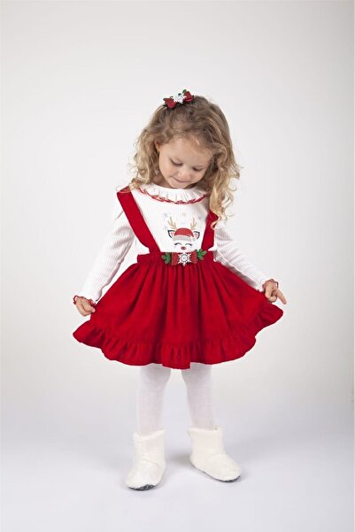 Nehirim Kids Kız Çocuk %100 Pamuk Uzun Kollu Kış Temalı Mevsimlik Ve Kışlık Kırmızı Salopet Elbise (2-3-4-5 YAŞ)