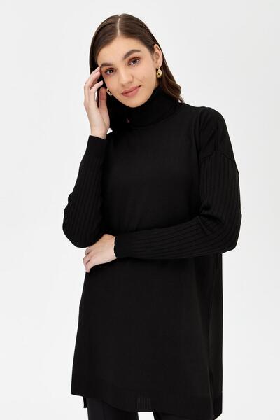 accort Balıkçı Yaka Kolları Fitilli Triko Tunik-SİYAH
