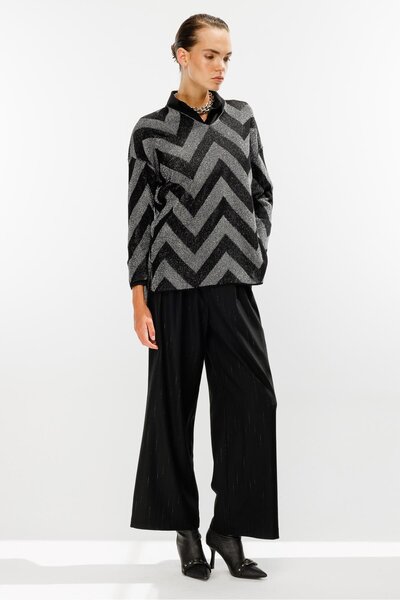 accort Zikzak Desenli Simli Triko Bluz-SİYAH/GÜMÜŞ