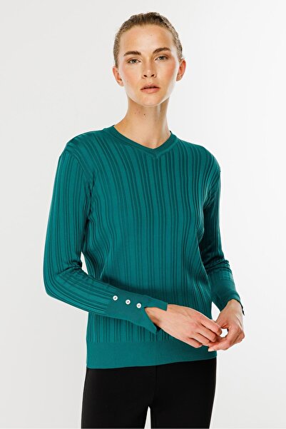 accort Kolları Düğmeli Fitilli Triko Kazak-PETROL