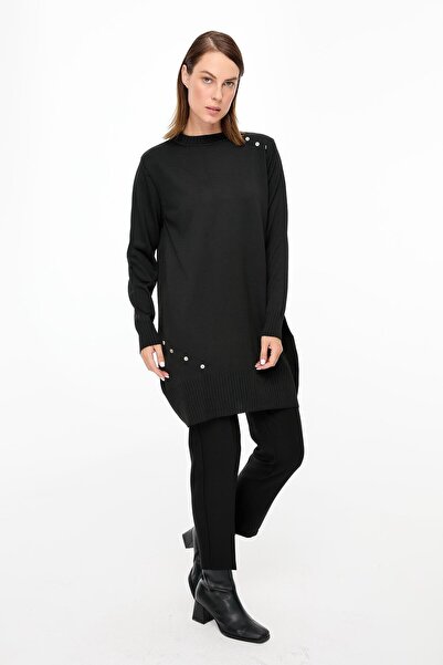 accort Omzu ve Eteği Düğmeli Triko Tunik-SİYAH