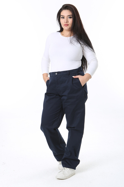 Şans Women's Large Size Navy Gabardine Fabric Side Pocket Trousers 65N38410