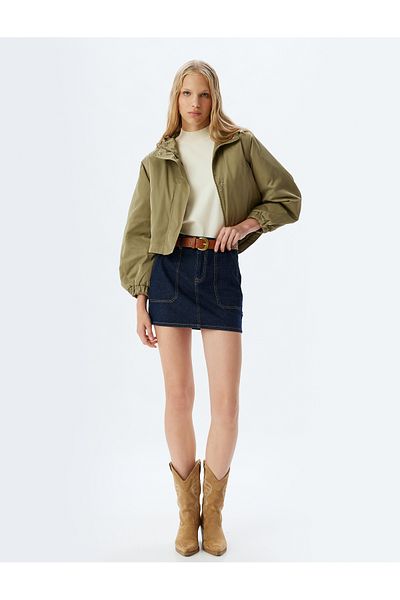 Koton Oversize Crop Jacket - Zippered Hood, Snap Button, Waterproof