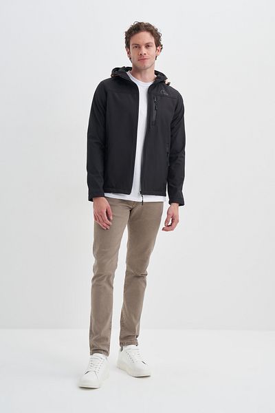 Cazador 24Kceed01047 Black Men's Soft Shell Hooded Front Zip 3 Pockets 96% Polyester 4% Elastane