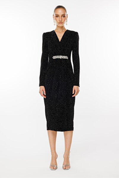 Moda İlgi Modailgi  Beli Taş Aksesuarlı Kruvaze Taşlı Örme Elbise Siyah